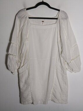 Free People Brunch Date Eyelet Puff Sleeve Linen Mini Dress Small White Boho